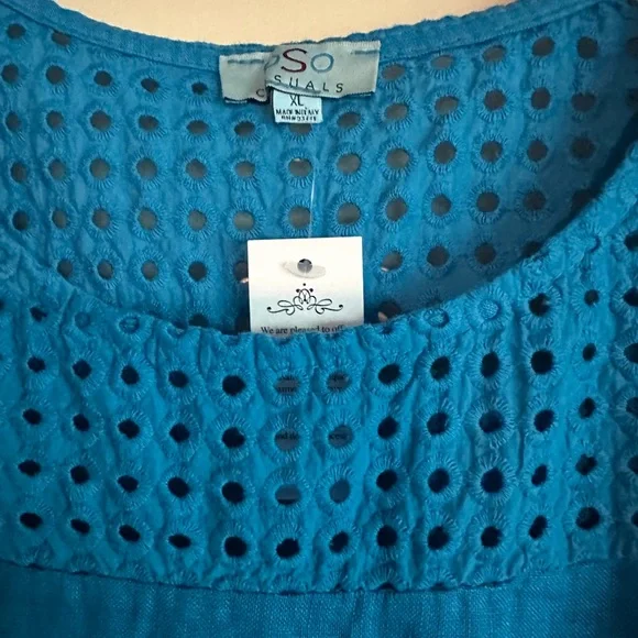 Blue Linen Dress with Eyelet Detail - Picture 2 of 5